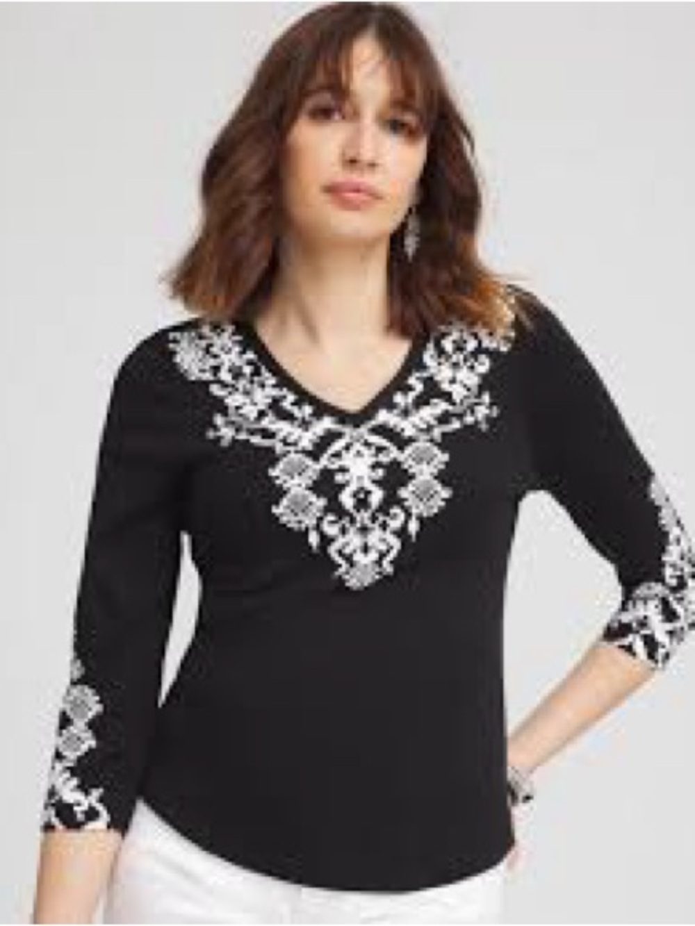 INC International Concepts Black Tunic Top with White Scroll Embroidery. Item #